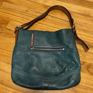Handbag F0782-f10940 Teal Blue and Saddle Leather Hobo Bag